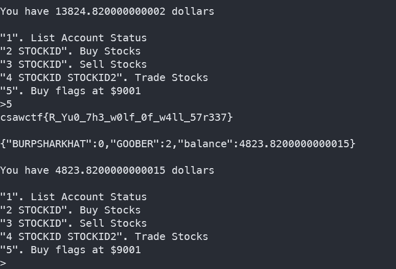 The trading menu showing a 13824 dollar balance and option 5 returning the flag